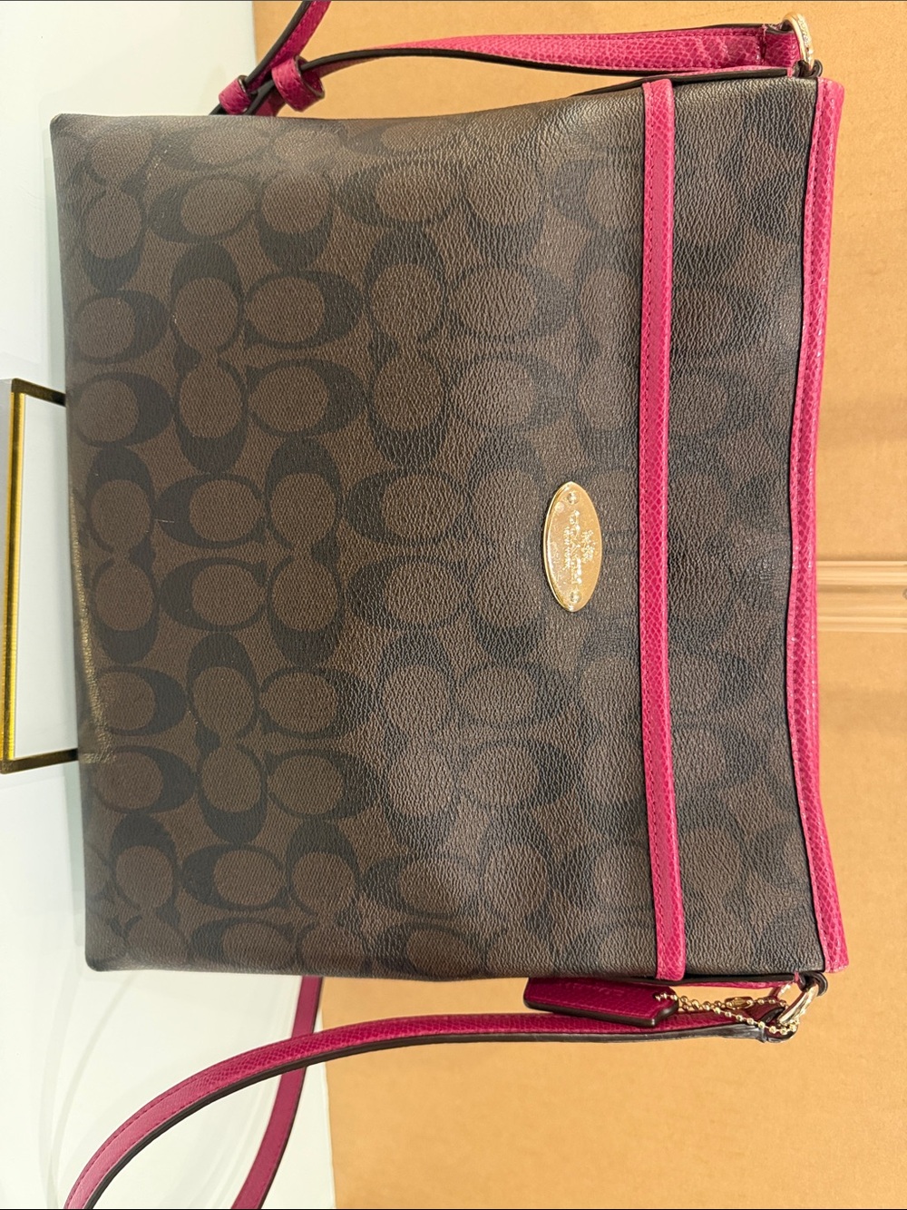 Coach Brown Signature Crossbody with Pink Trim